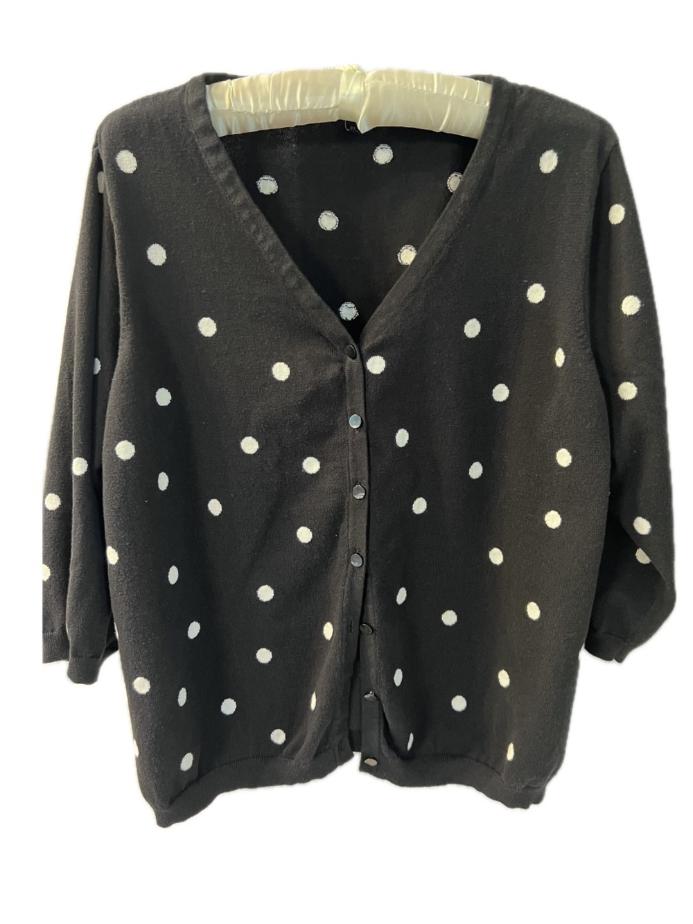 Talbots Black and White Polka Dot V-Neck 3/4 Sleeve Button-Up Cardigan